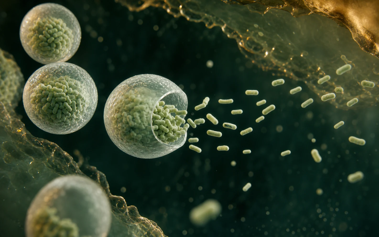 Protected probiotic cells released from food-grade microcapsules