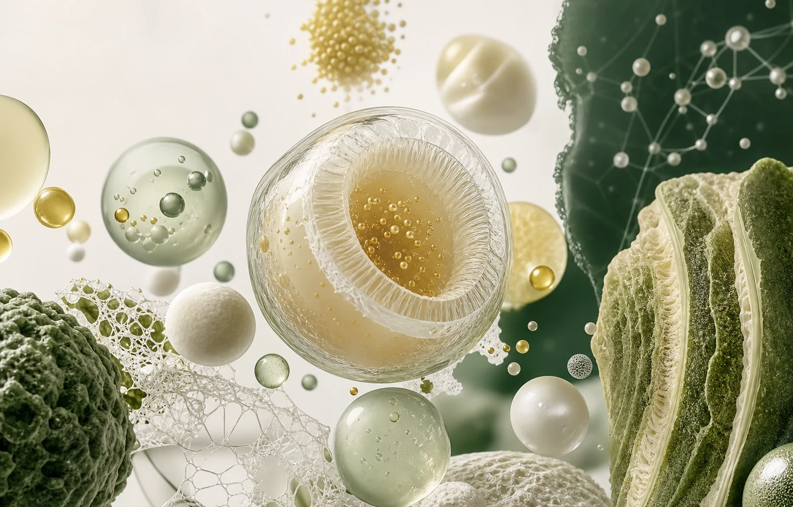 Food-grade microcapsules and biopolymer structures visualized at the microscale